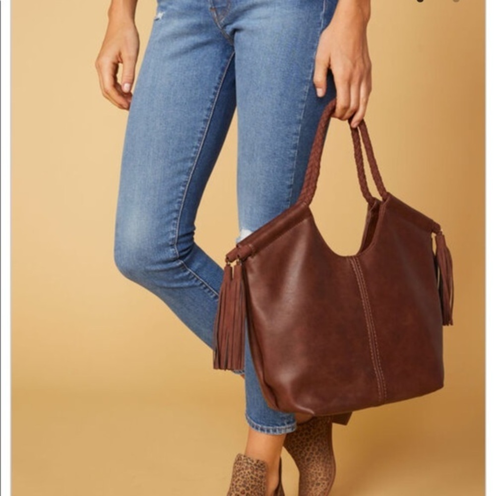 Brand New Brown Faux Vegan Soft Leather Fringe Large Tote Bag Purse